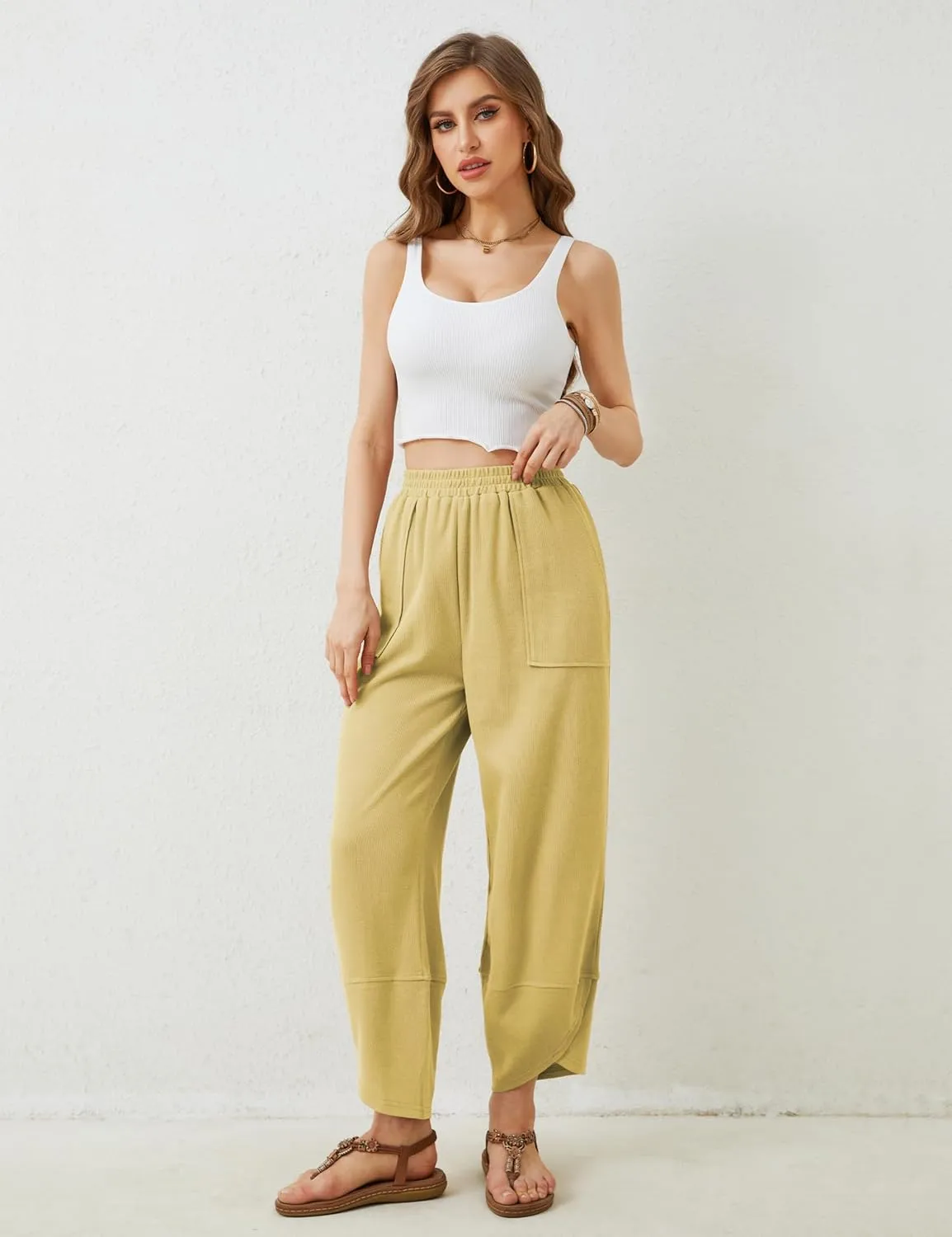 Himosyber Women Cotton Pants Wide Leg Pants Casual Loose Baggy Elastic Waist Beach Palazzo Harem Pants