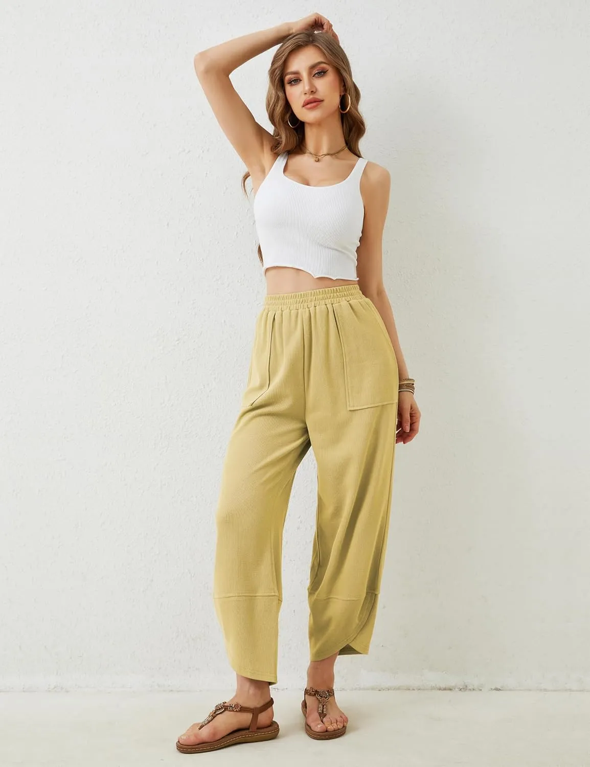 Himosyber Women Cotton Pants Wide Leg Pants Casual Loose Baggy Elastic Waist Beach Palazzo Harem Pants