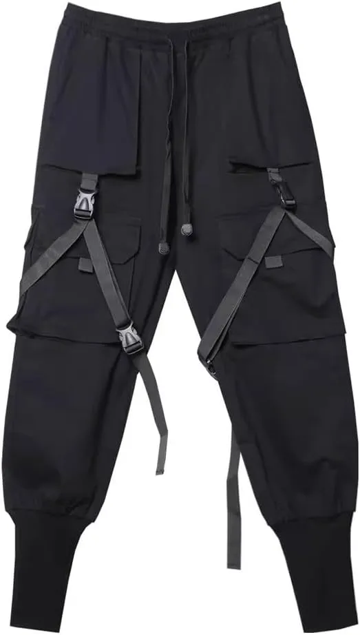 Hip Hop Techwear Tactical Pants Men Ribbons Joggers Cargo Pants Functional Elastic Waist Streetwear Pant Black