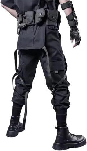 Hip Hop Techwear Tactical Pants Men Ribbons Joggers Cargo Pants Functional Elastic Waist Streetwear Pant Black