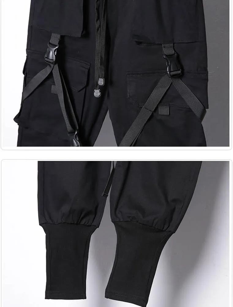 Hip Hop Techwear Tactical Pants Men Ribbons Joggers Cargo Pants Functional Elastic Waist Streetwear Pant Black