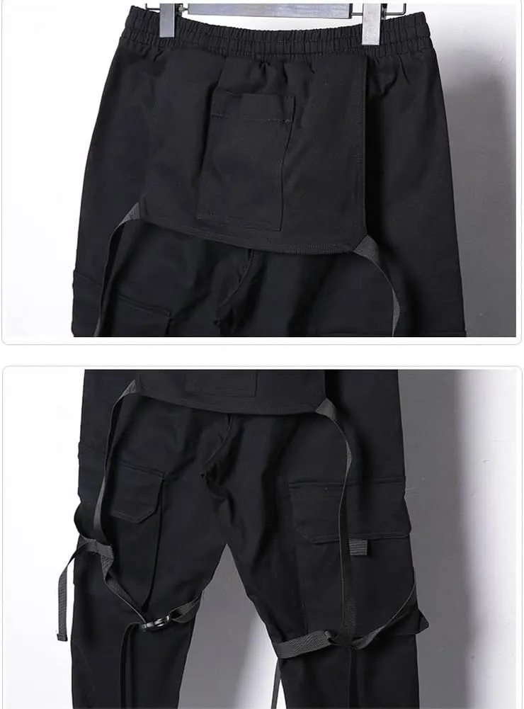 Hip Hop Techwear Tactical Pants Men Ribbons Joggers Cargo Pants Functional Elastic Waist Streetwear Pant Black