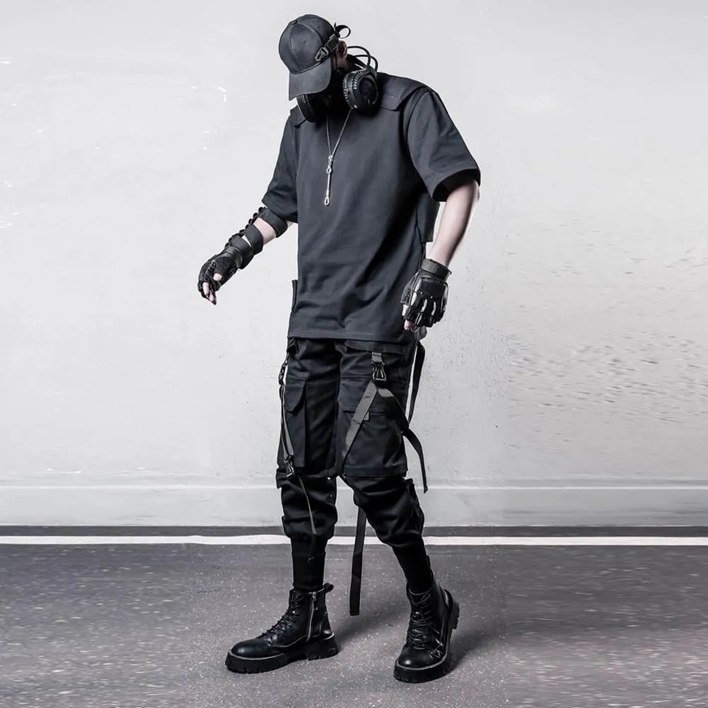 Hip Hop Techwear Tactical Pants Men Ribbons Joggers Cargo Pants Functional Elastic Waist Streetwear Pant Black