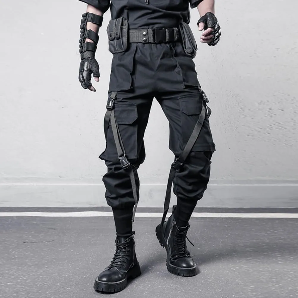 Hip Hop Techwear Tactical Pants Men Ribbons Joggers Cargo Pants Functional Elastic Waist Streetwear Pant Black