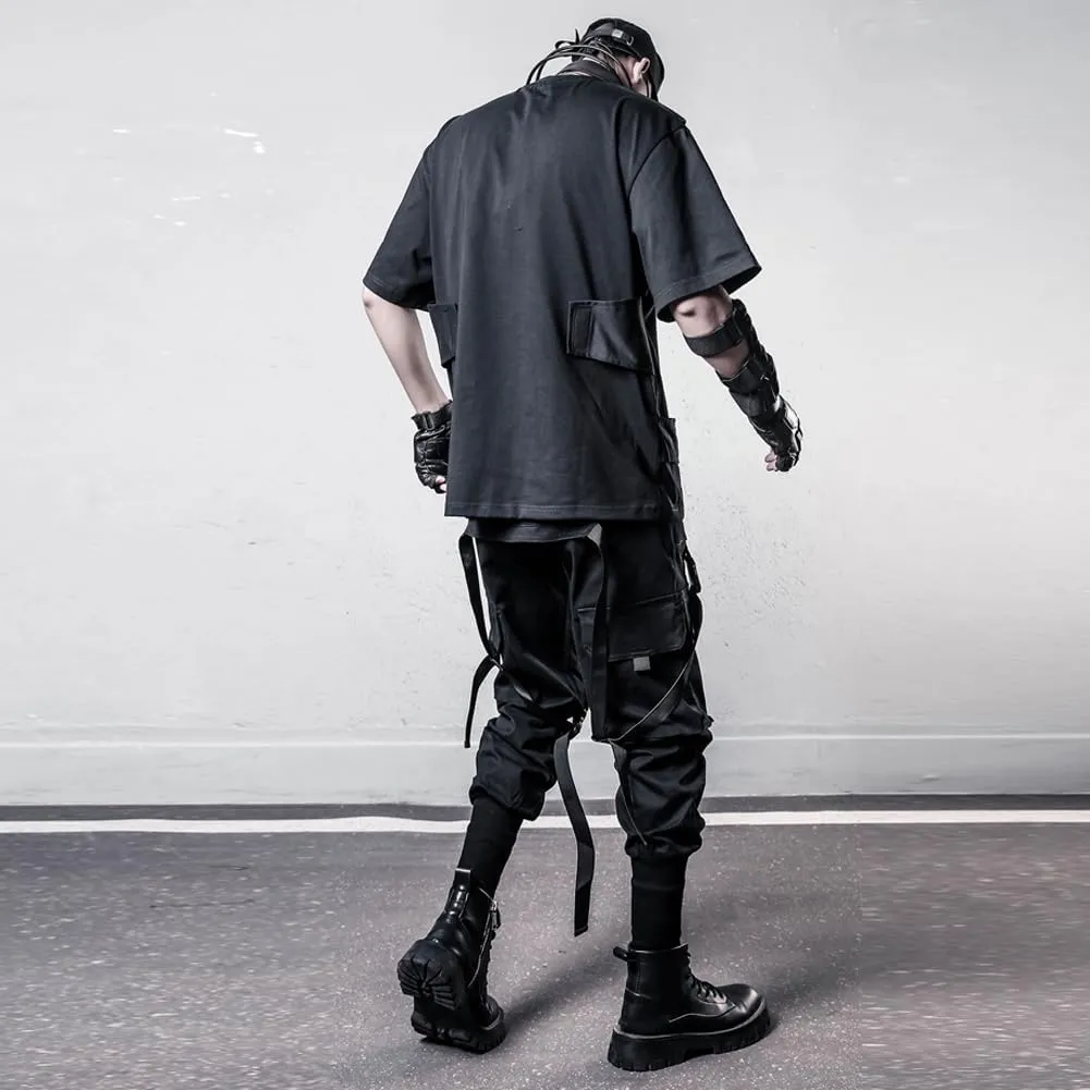 Hip Hop Techwear Tactical Pants Men Ribbons Joggers Cargo Pants Functional Elastic Waist Streetwear Pant Black