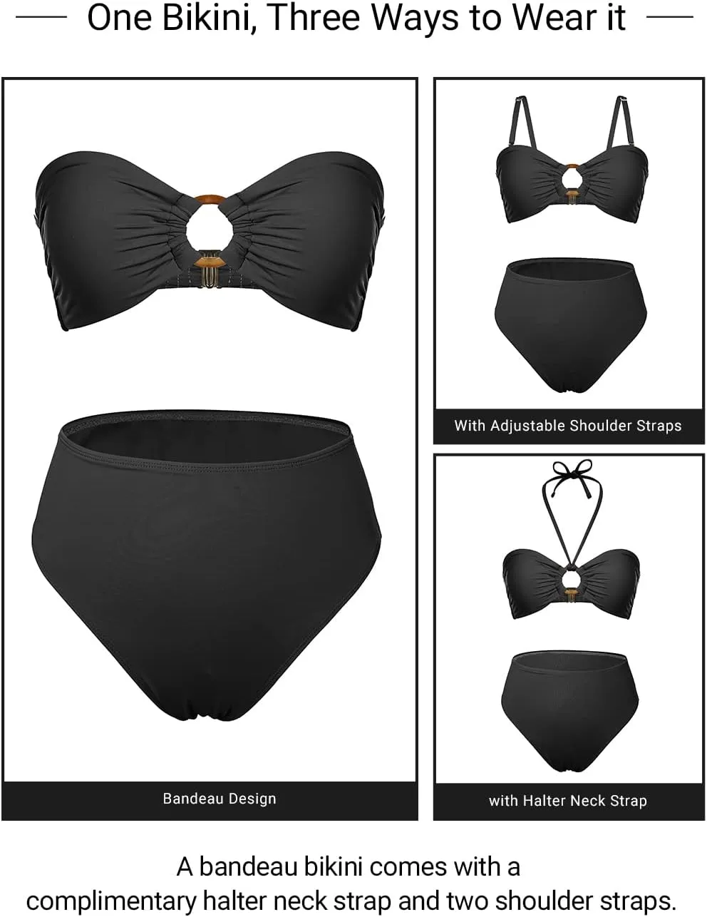 Holipick Women's Bandeau Bikini Set High Waisted Bathing Suits O Ring Halter Bikini Tops Two Piece Swimsuit