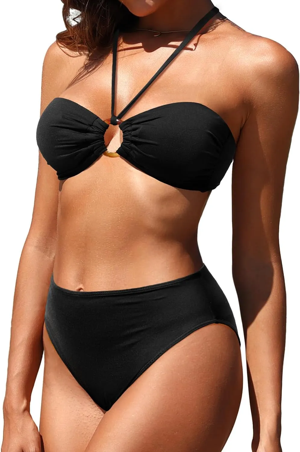 Holipick Women's Bandeau Bikini Set High Waisted Bathing Suits O Ring Halter Bikini Tops Two Piece Swimsuit
