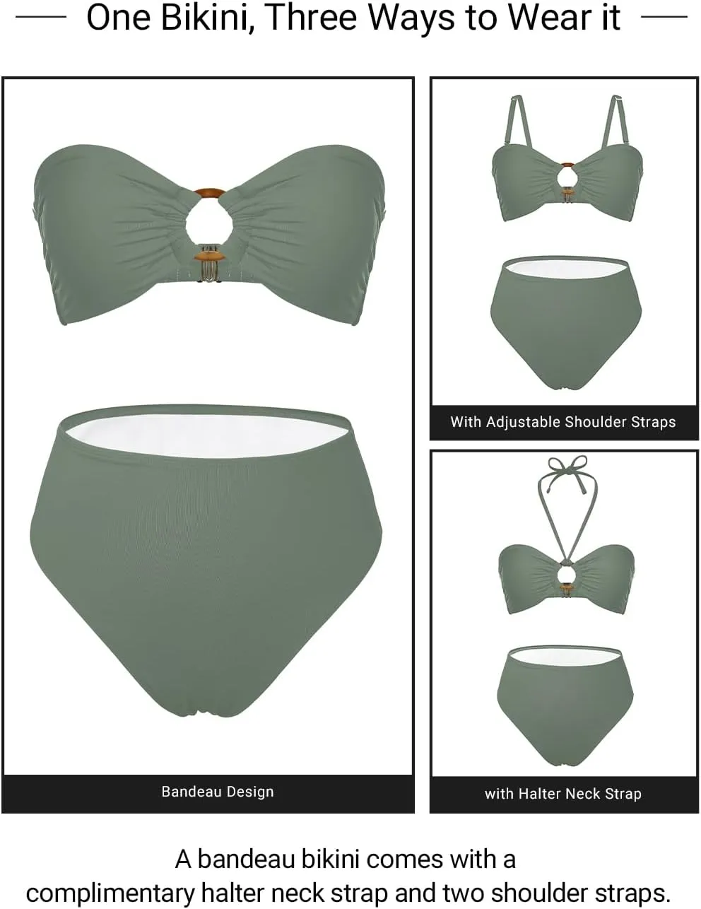 Holipick Women's Bandeau Bikini Set High Waisted Bathing Suits O Ring Halter Bikini Tops Two Piece Swimsuit
