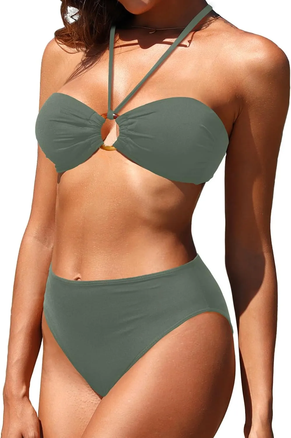 Holipick Women's Bandeau Bikini Set High Waisted Bathing Suits O Ring Halter Bikini Tops Two Piece Swimsuit