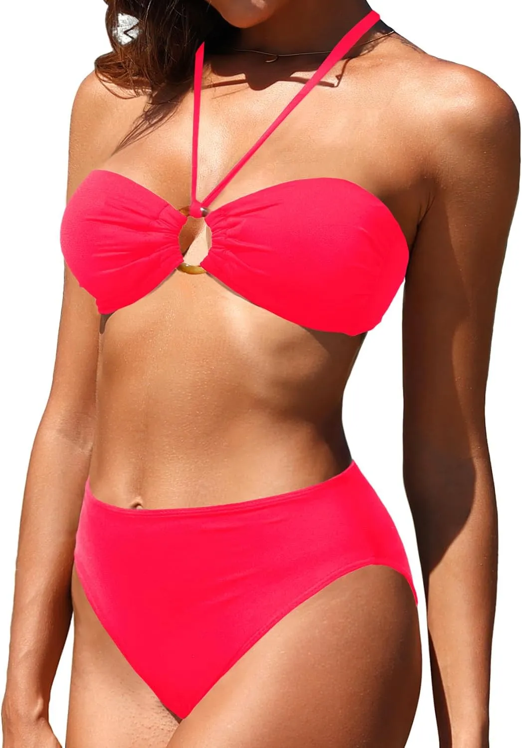 Holipick Women's Bandeau Bikini Set High Waisted Bathing Suits O Ring Halter Bikini Tops Two Piece Swimsuit