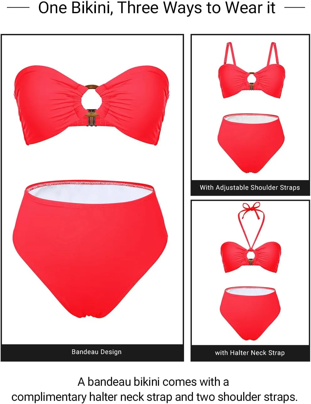 Holipick Women's Bandeau Bikini Set High Waisted Bathing Suits O Ring Halter Bikini Tops Two Piece Swimsuit