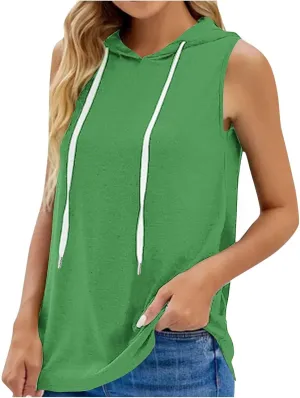Hooded Tank Tops Women Sleeveless Hooded Sports Vest Solid Tank Tops Casual Loose Fit Athletic Shirts Blouse Tunic
