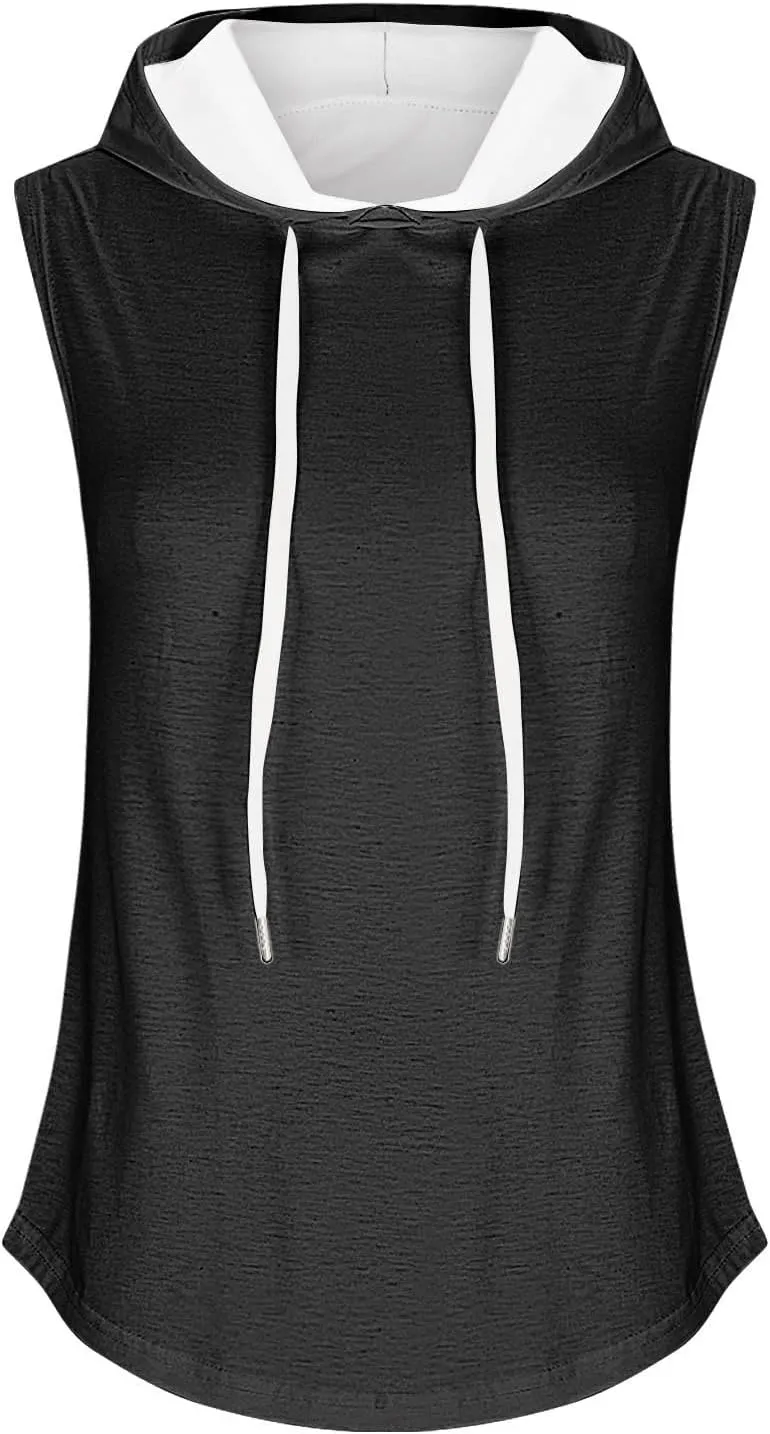 Hooded Tank Tops Women Sleeveless Hooded Sports Vest Solid Tank Tops Casual Loose Fit Athletic Shirts Blouse Tunic