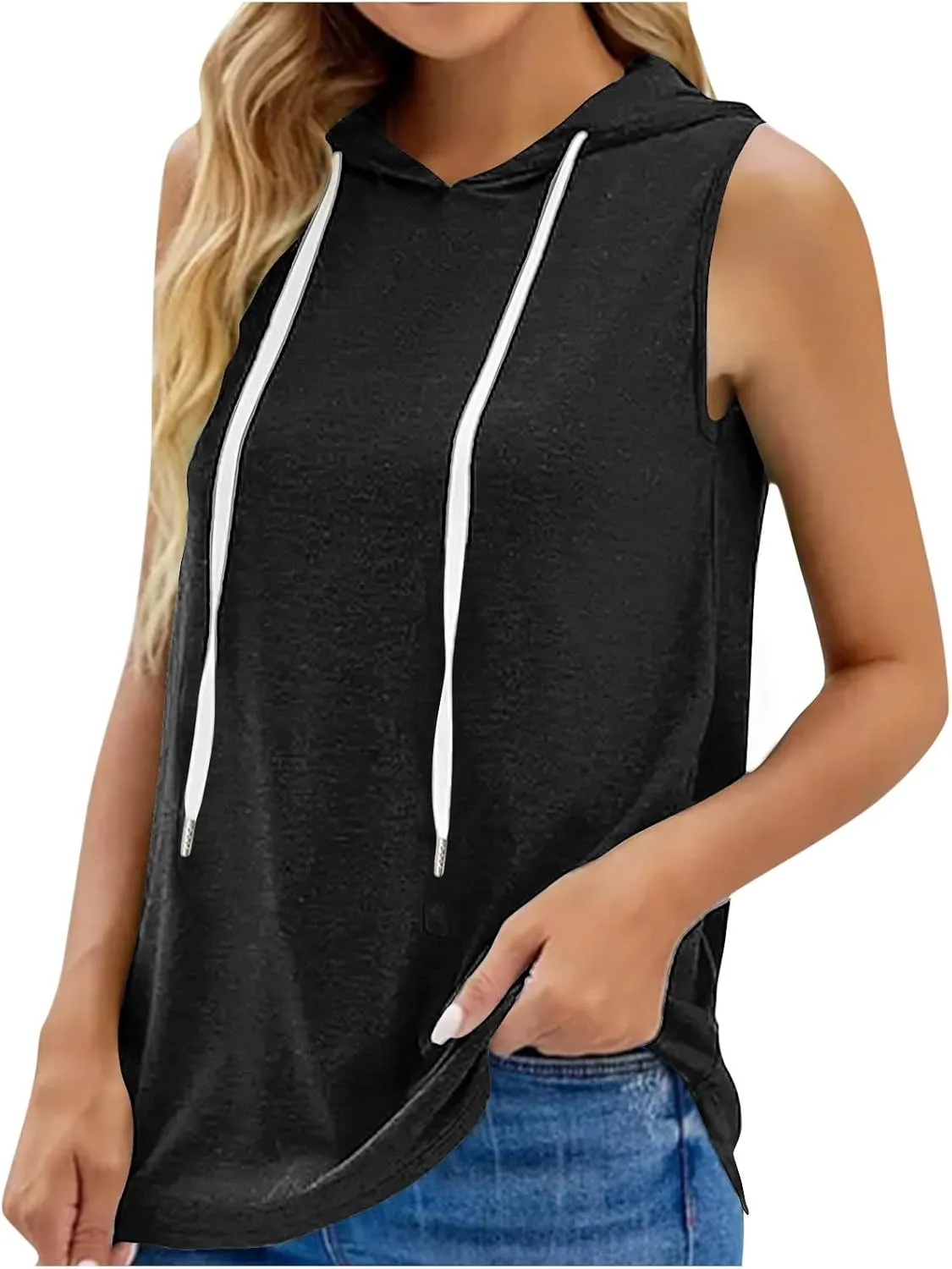 Hooded Tank Tops Women Sleeveless Hooded Sports Vest Solid Tank Tops Casual Loose Fit Athletic Shirts Blouse Tunic