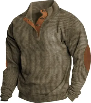 HXHYQKP Men Sweater with Elbow Patches Mens Corduroy Shirt Stand Collar Button Up Pullover Long Sleeve Sweatshirts