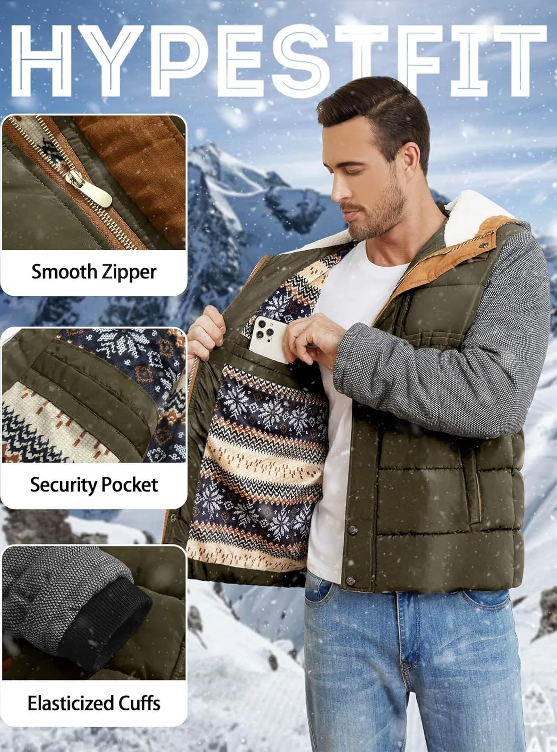 HYPESTFIT Mens Winter Jacket Puffer Fleece Lining Warm Windproof Thicken Ski Parka Coat