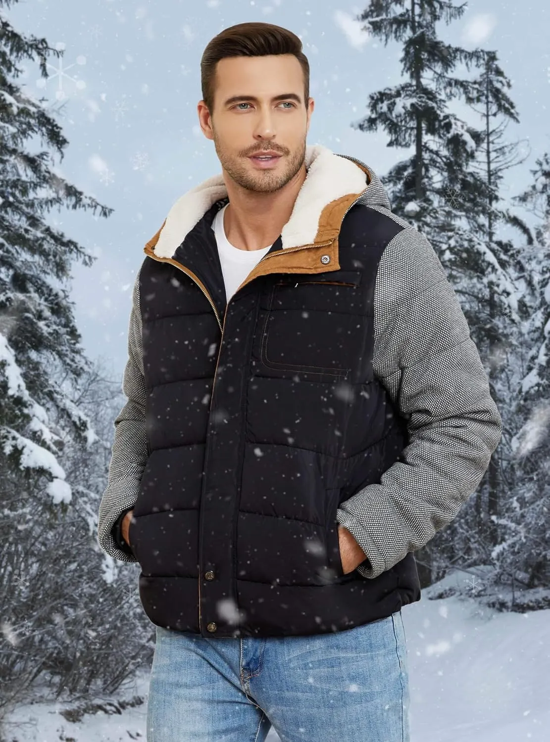 HYPESTFIT Mens Winter Jacket Puffer Fleece Lining Warm Windproof Thicken Ski Parka Coat