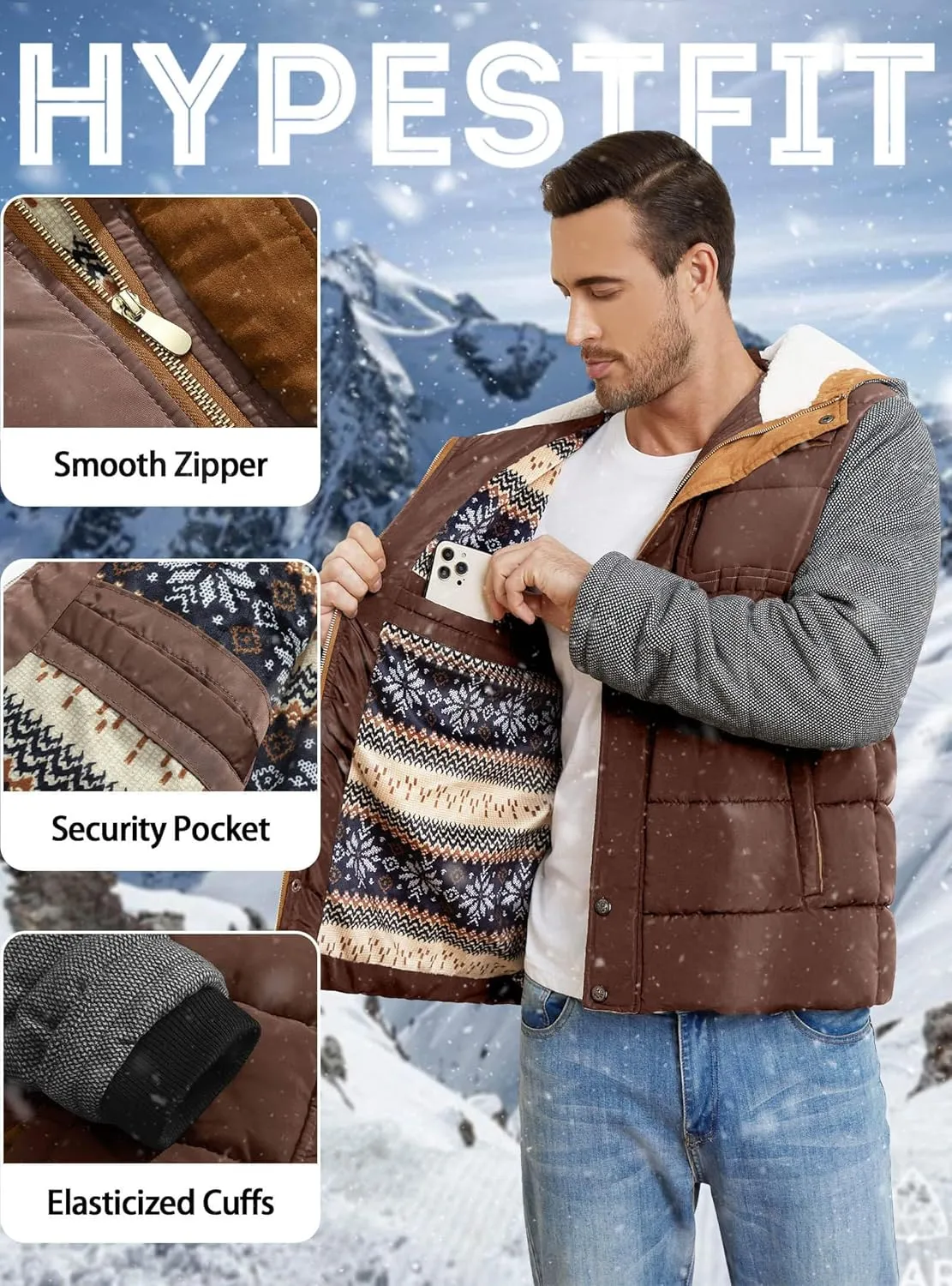 HYPESTFIT Mens Winter Jacket Puffer Fleece Lining Warm Windproof Thicken Ski Parka Coat