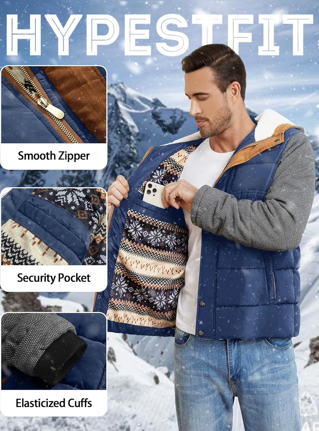 HYPESTFIT Mens Winter Jacket Puffer Fleece Lining Warm Windproof Thicken Ski Parka Coat