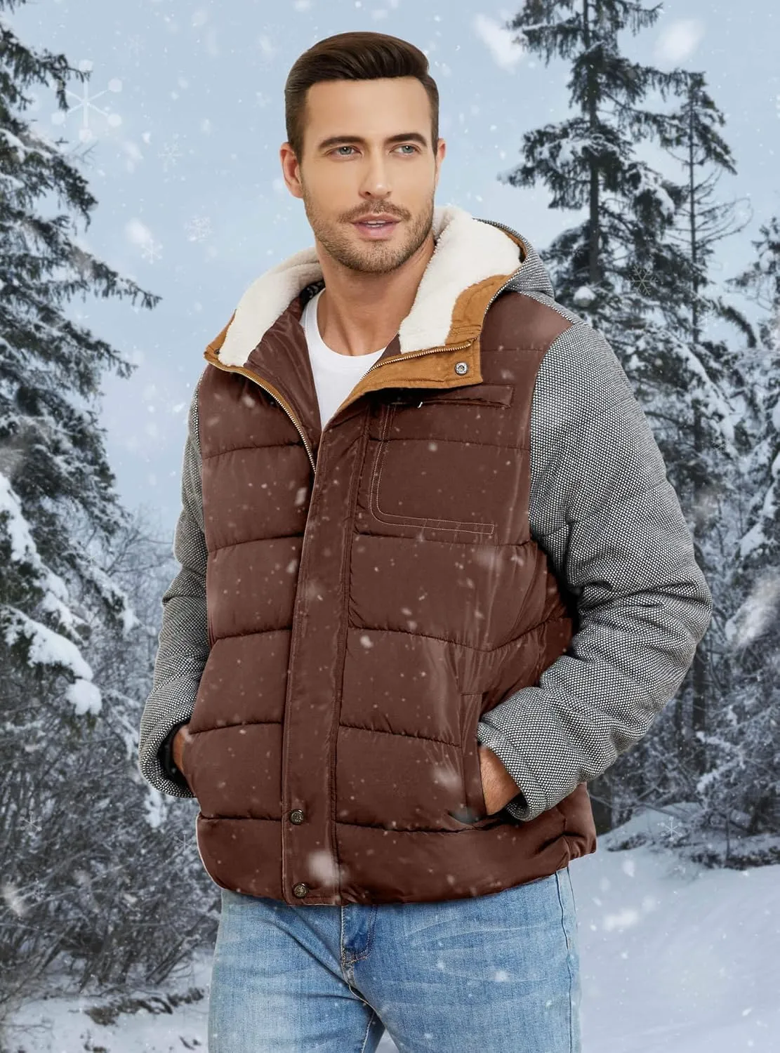 HYPESTFIT Mens Winter Jacket Puffer Fleece Lining Warm Windproof Thicken Ski Parka Coat