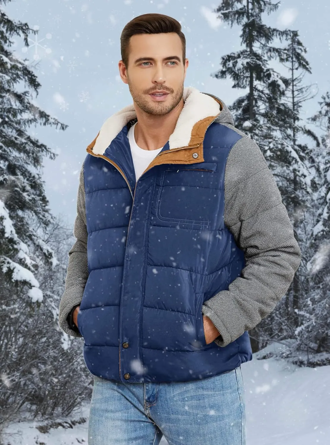 HYPESTFIT Mens Winter Jacket Puffer Fleece Lining Warm Windproof Thicken Ski Parka Coat