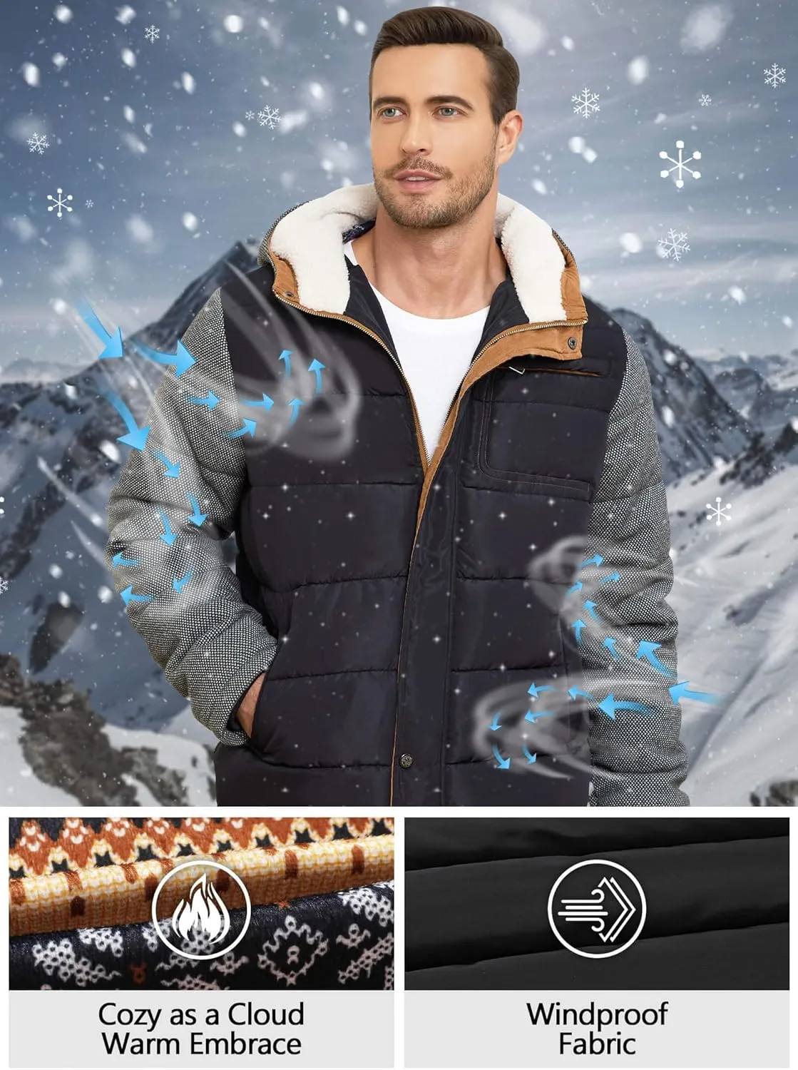 HYPESTFIT Mens Winter Jacket Puffer Fleece Lining Warm Windproof Thicken Ski Parka Coat