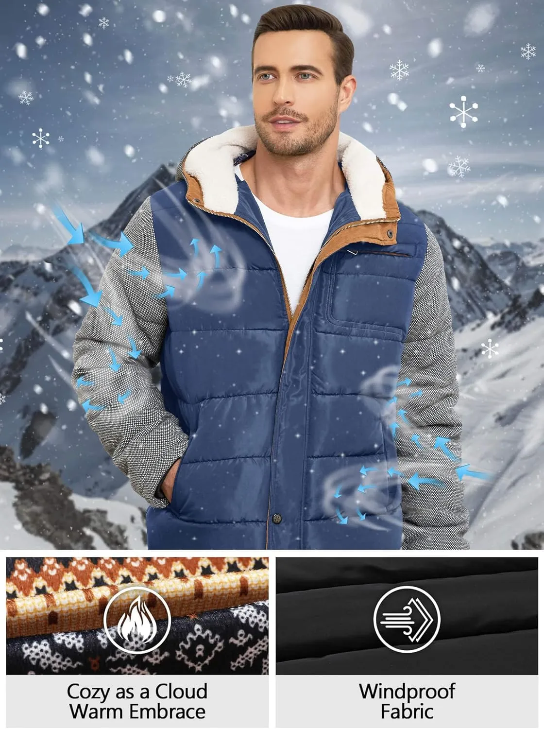 HYPESTFIT Mens Winter Jacket Puffer Fleece Lining Warm Windproof Thicken Ski Parka Coat