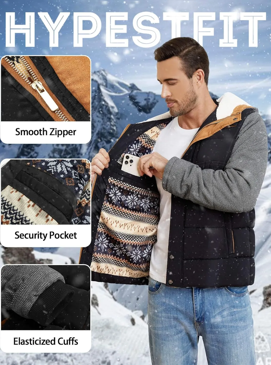HYPESTFIT Mens Winter Jacket Puffer Fleece Lining Warm Windproof Thicken Ski Parka Coat