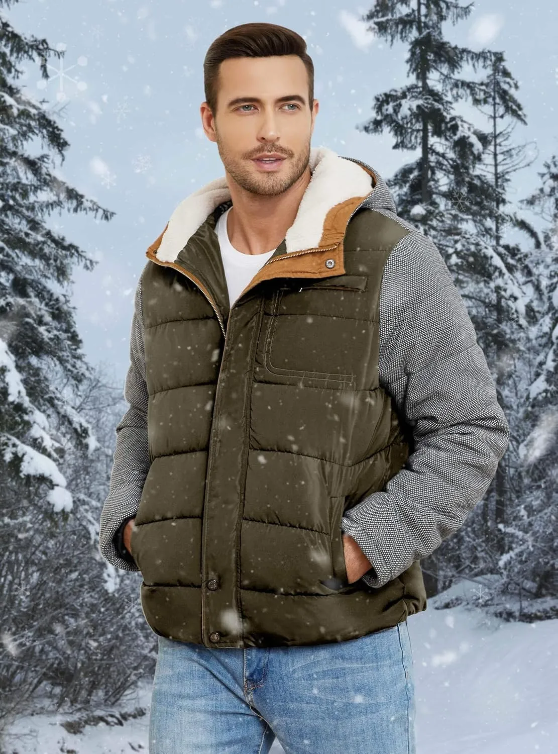 HYPESTFIT Mens Winter Jacket Puffer Fleece Lining Warm Windproof Thicken Ski Parka Coat