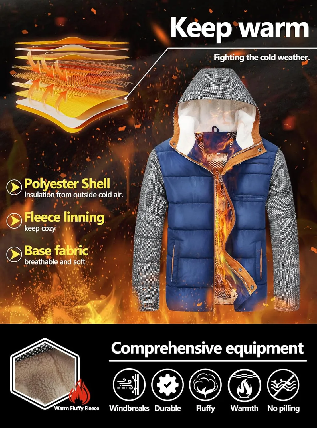 HYPESTFIT Mens Winter Jacket Puffer Fleece Lining Warm Windproof Thicken Ski Parka Coat