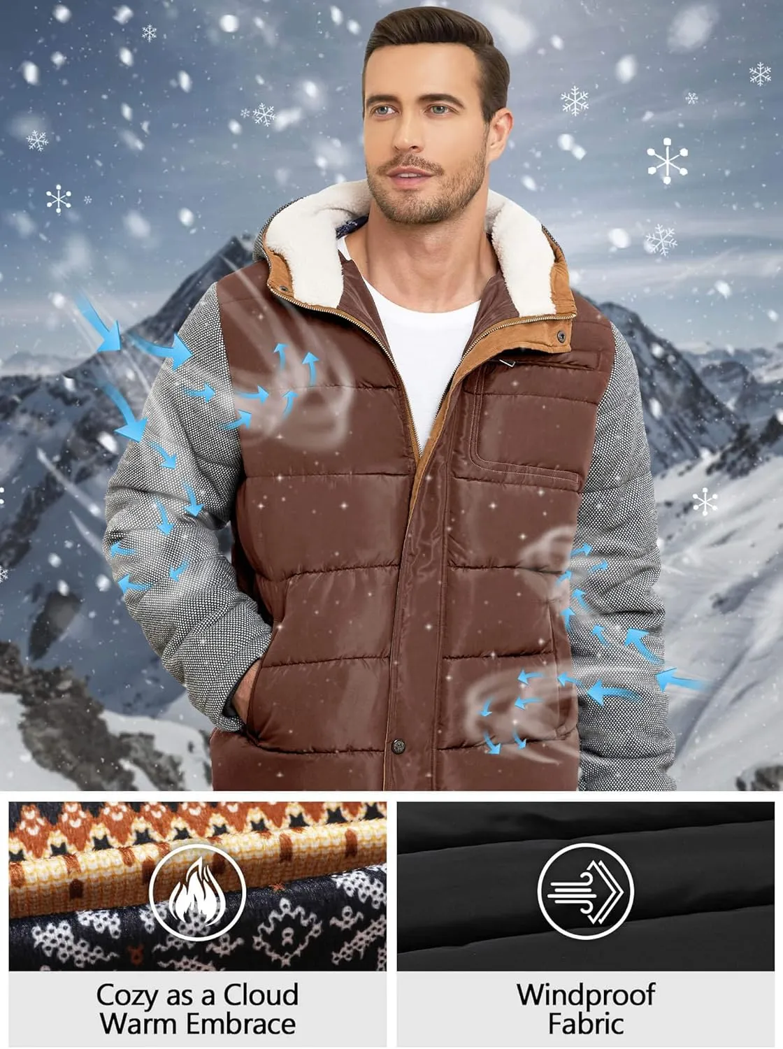 HYPESTFIT Mens Winter Jacket Puffer Fleece Lining Warm Windproof Thicken Ski Parka Coat