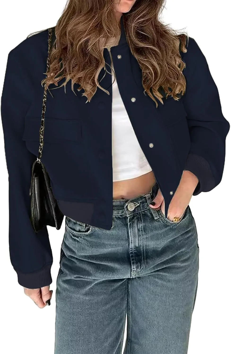 imbpceu Women Bomber Jacket Casual Long Sleeve Button Down Varsity Jackets with Pockets