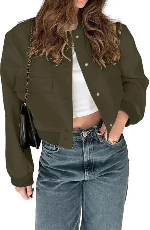 imbpceu Women Bomber Jacket Casual Long Sleeve Button Down Varsity Jackets with Pockets