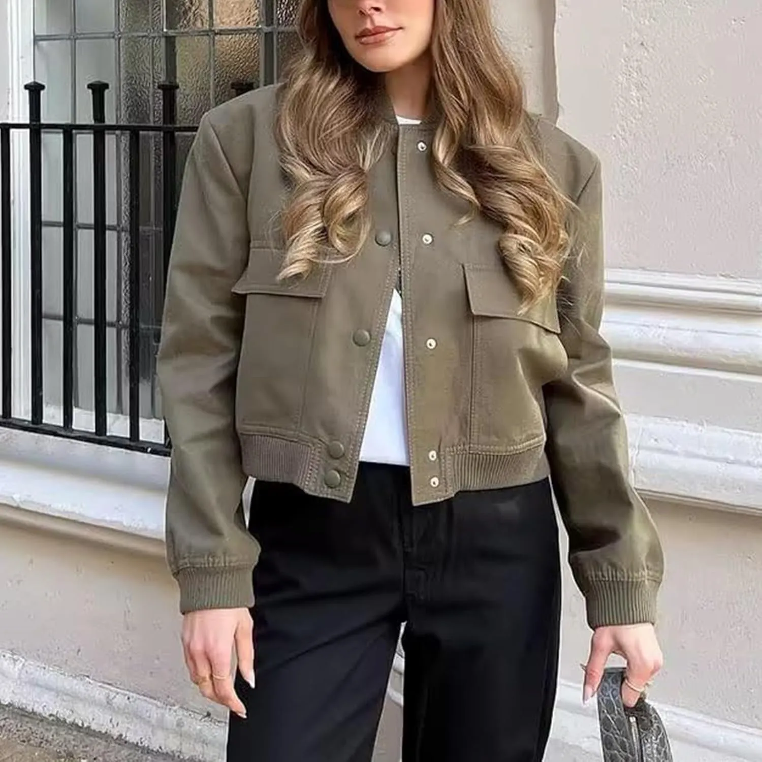 imbpceu Women Bomber Jacket Casual Long Sleeve Button Down Varsity Jackets with Pockets