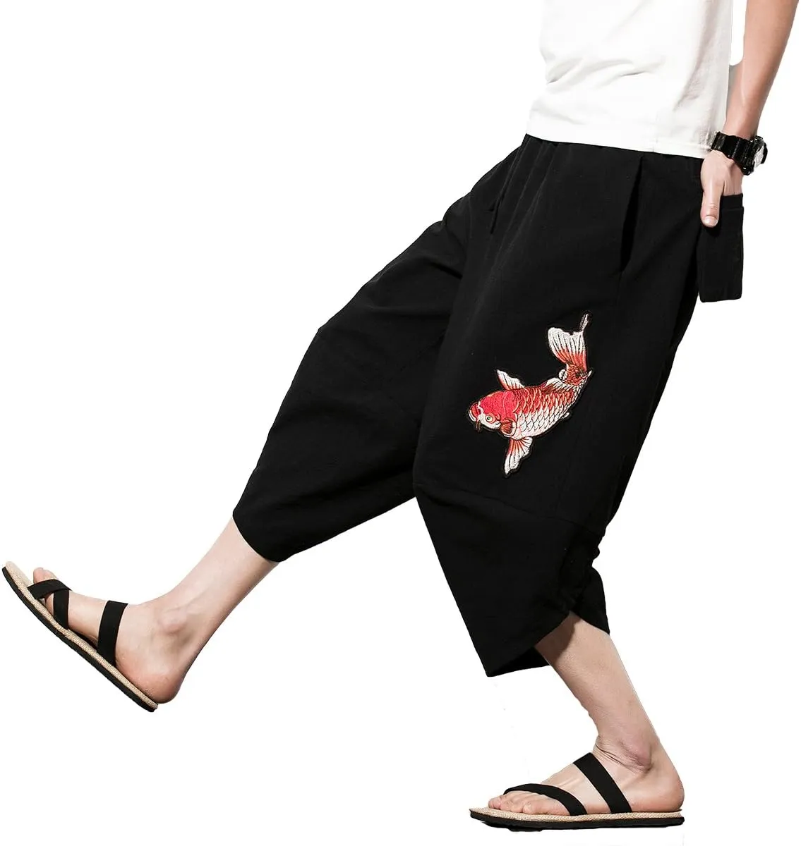 INVACHI Men's Harem Capri Pants Elastic Waist Loose Fit Drawstring Beach Yoga Trousers with Pockets