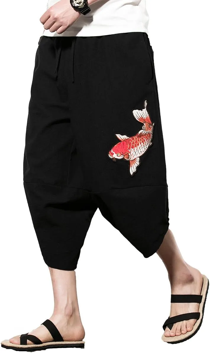 INVACHI Men's Harem Capri Pants Elastic Waist Loose Fit Drawstring Beach Yoga Trousers with Pockets