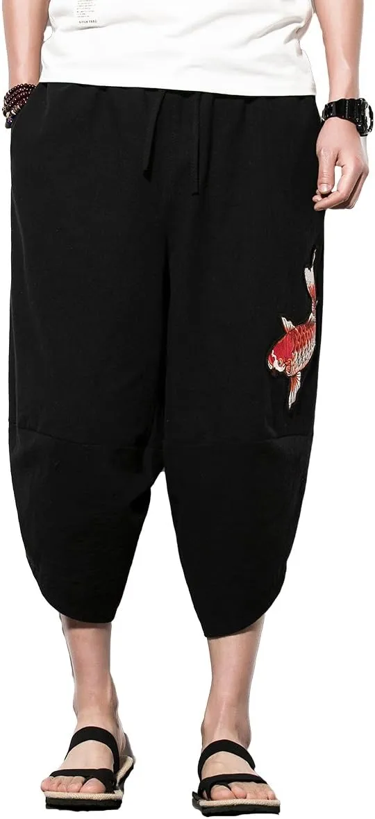 INVACHI Men's Harem Capri Pants Elastic Waist Loose Fit Drawstring Beach Yoga Trousers with Pockets