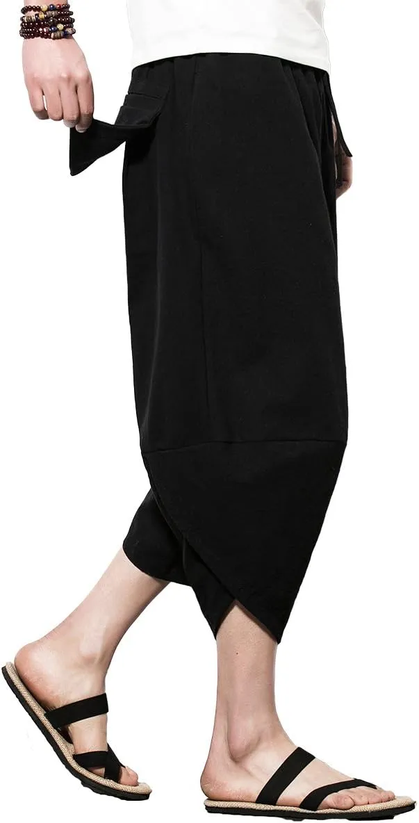 INVACHI Men's Harem Capri Pants Elastic Waist Loose Fit Drawstring Beach Yoga Trousers with Pockets