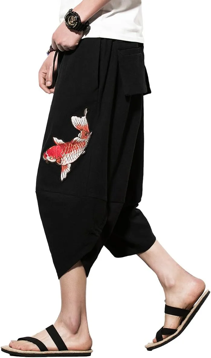 INVACHI Men's Harem Capri Pants Elastic Waist Loose Fit Drawstring Beach Yoga Trousers with Pockets