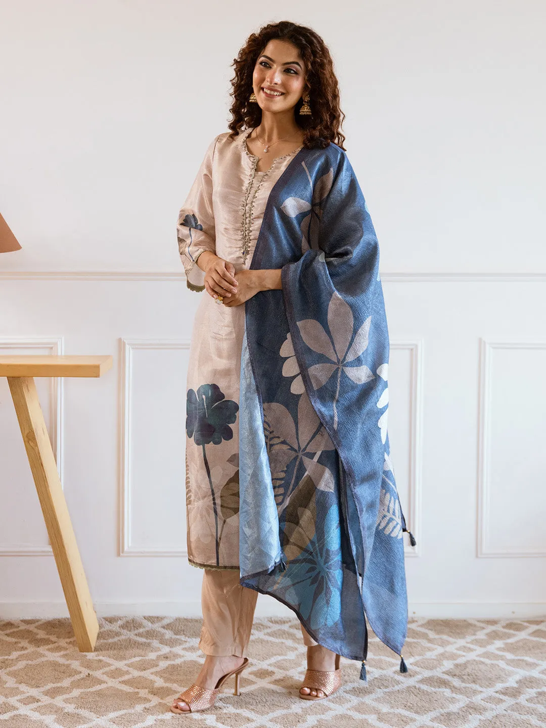 ISHIN Women CREAM TISSUE 3pcs kurta set