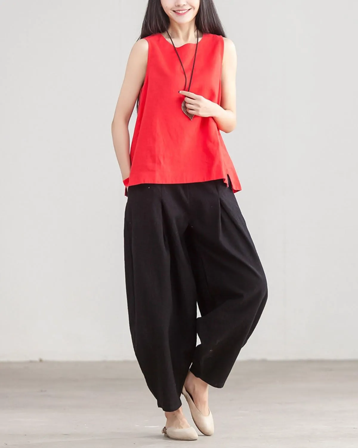 IXIMO Women's Casual Cotton Linen Baggy Pants with Elastic Waist Relax Fit Lantern Trouser