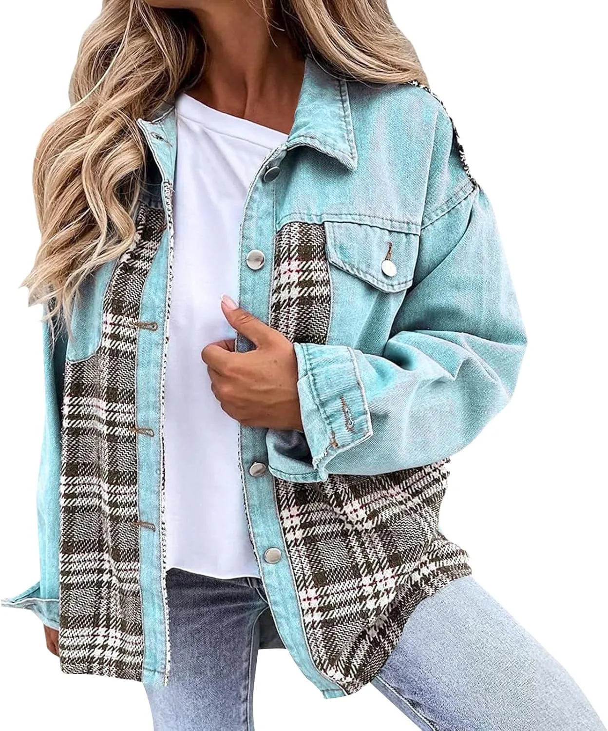 Jacket For Women Women Jean Jacket Long Sleeve Checked Button Up Shirt Jacket Top Denim Jacket
