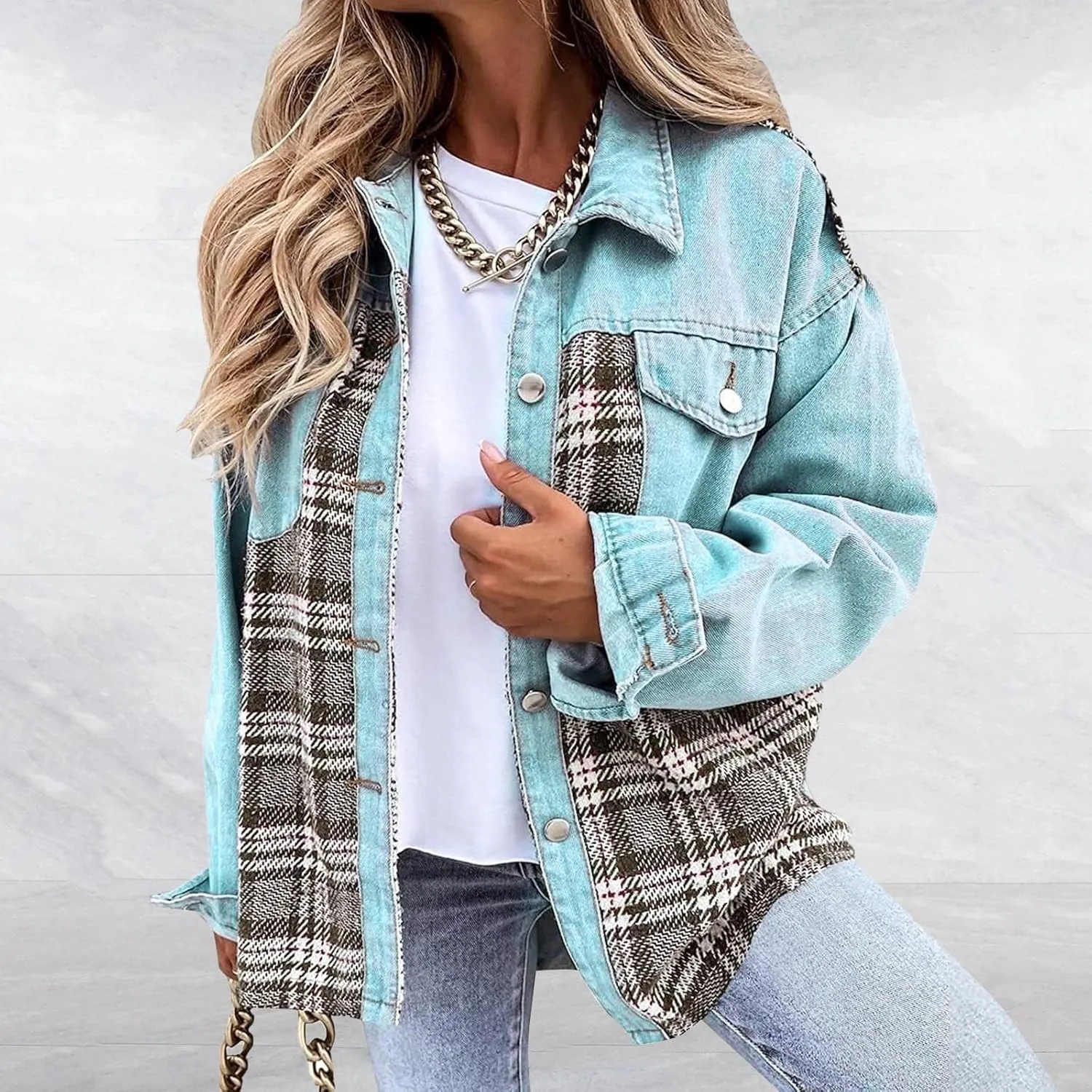 Jacket For Women Women Jean Jacket Long Sleeve Checked Button Up Shirt Jacket Top Denim Jacket