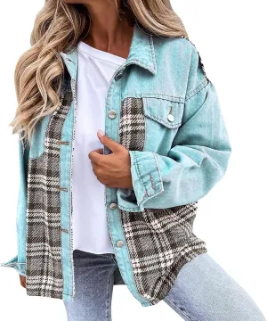 Jacket For Women Women Jean Jacket Long Sleeve Checked Button Up Shirt Jacket Top Denim Jacket