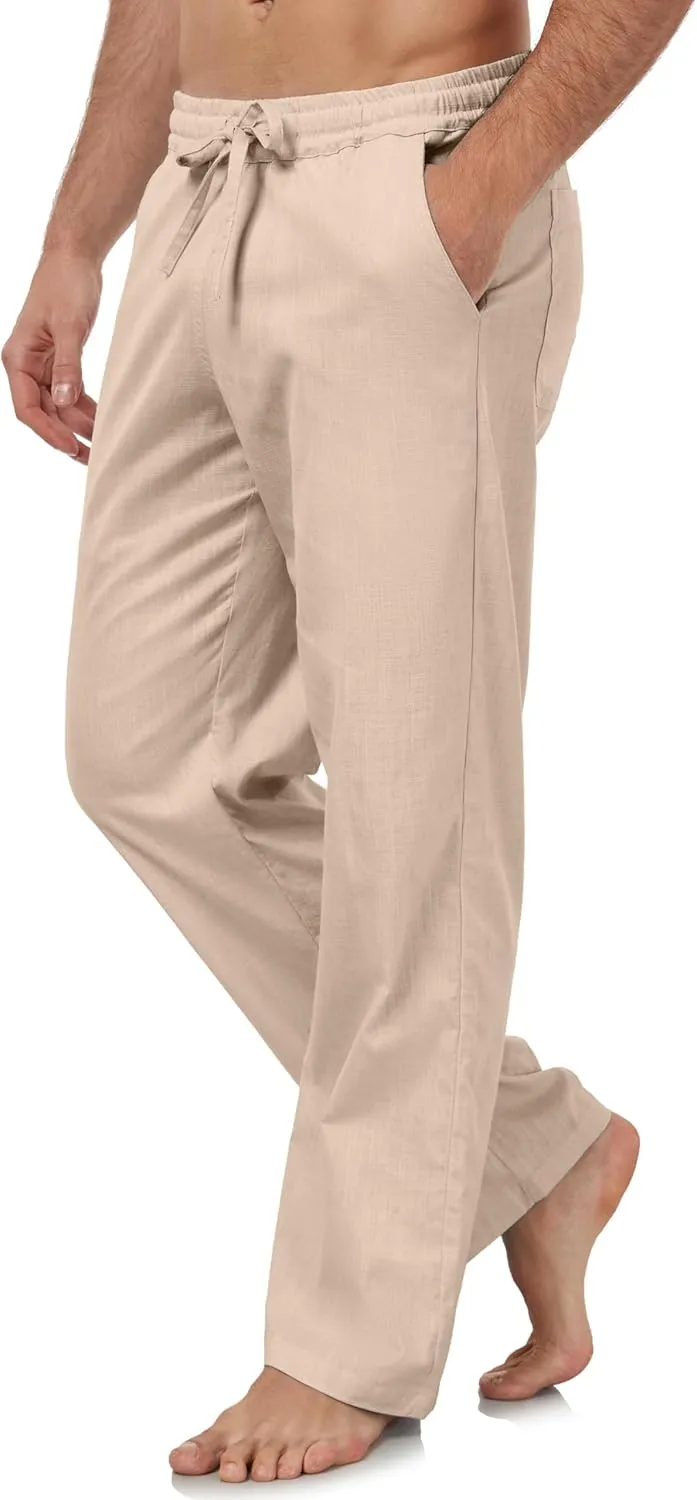 Janmid Men's Linen Pants Casual Elastic Waist Drawstring Yoga Beach Trousers