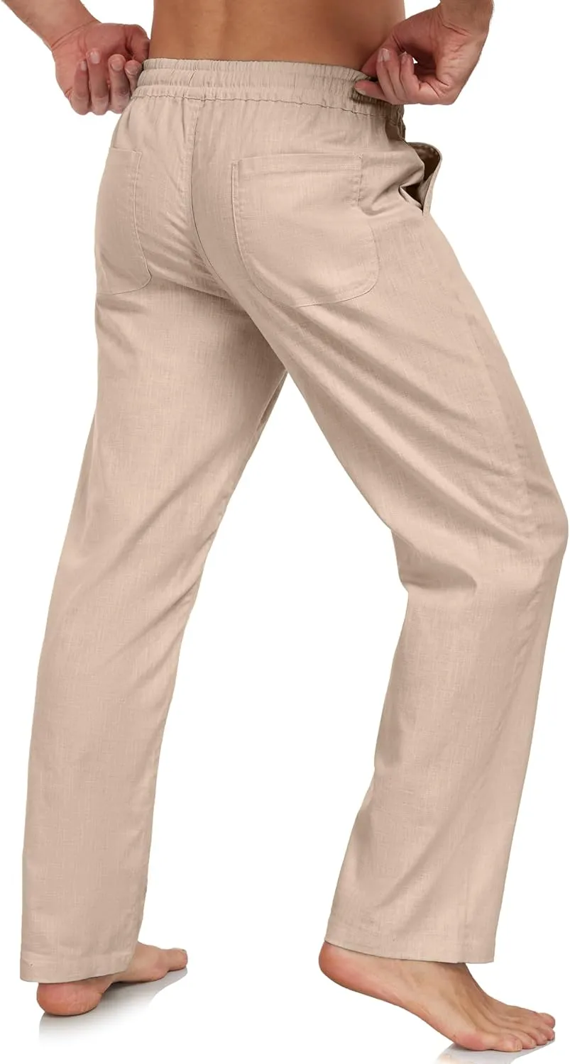 Janmid Men's Linen Pants Casual Elastic Waist Drawstring Yoga Beach Trousers