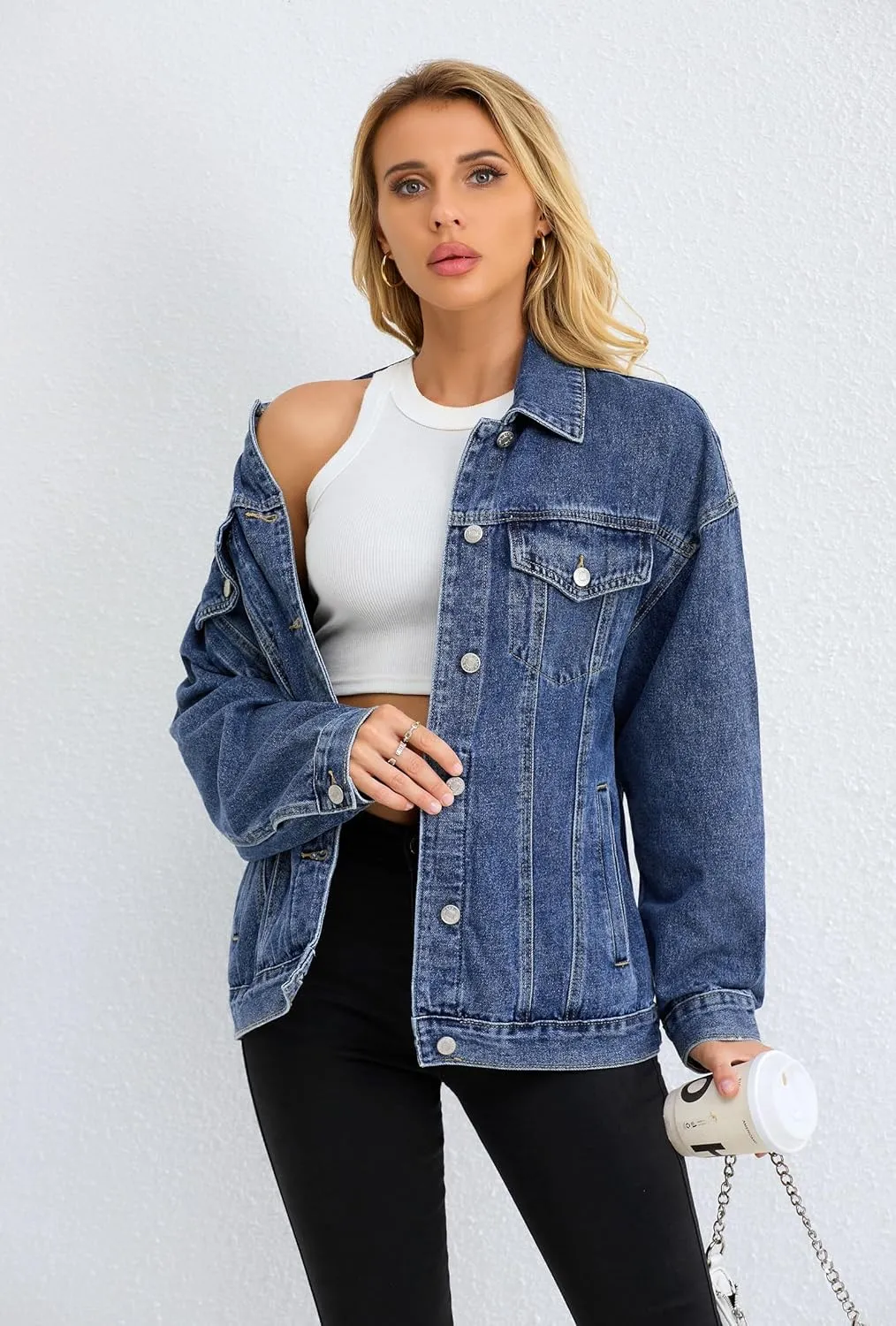 Jean Jacket for Women, Oversize Trendy Denim Jacket, Women's Loose Long Boyfriend Jean Jackets Coat