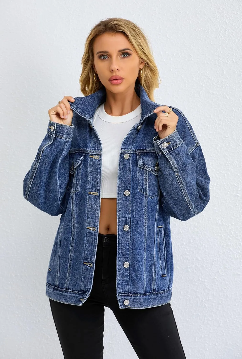 Jean Jacket for Women, Oversize Trendy Denim Jacket, Women's Loose Long Boyfriend Jean Jackets Coat