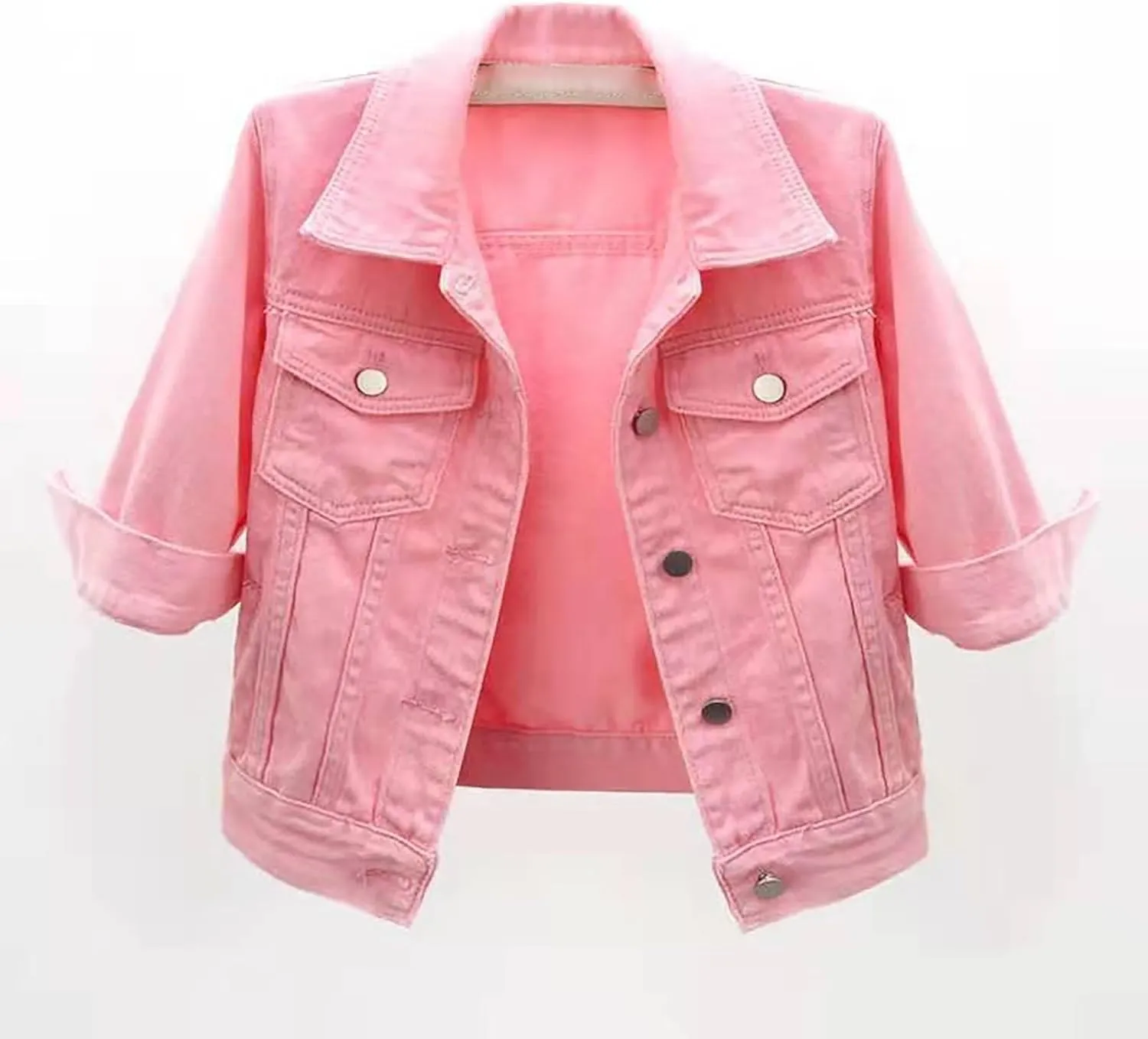Jean Jacket for Women Trendy Plus Size 3/4 Sleeve Short Denim Jackets Lapel Button Down Casual Cropped Coat, Pink