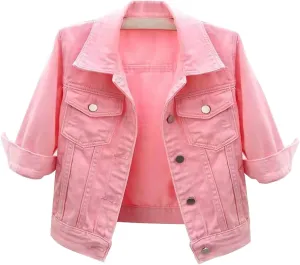Jean Jacket for Women Trendy Plus Size 3/4 Sleeve Short Denim Jackets Lapel Button Down Casual Cropped Coat, Pink